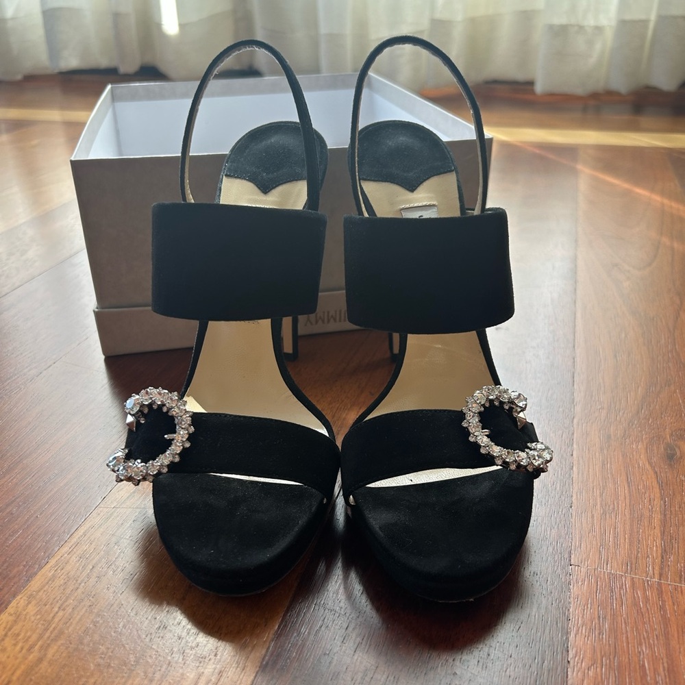 Jimmy Choo Black Slingback Heels with Crystal Buckles - Picture 2 of 6